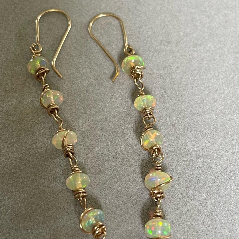 Ethiopian Opal tier drop earrings handmade 14kt gold